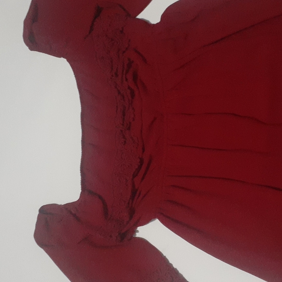 Umgee Red Baby Doll Dress Empire Waist Off the Shoulder Lace Maroon Peasant L - Picture 5 of 13